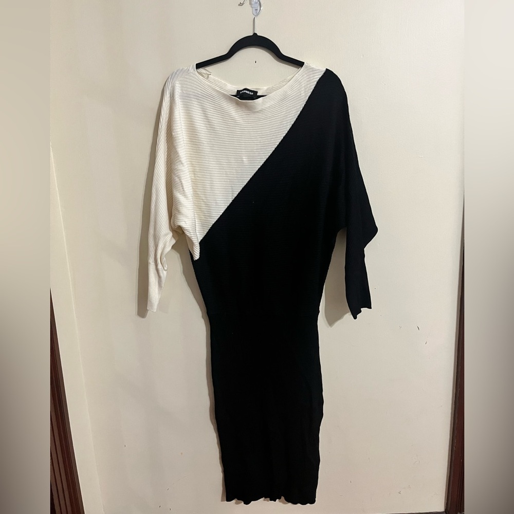 Express Black and White Off the Shoulder Ribbed  MIDI Dress
